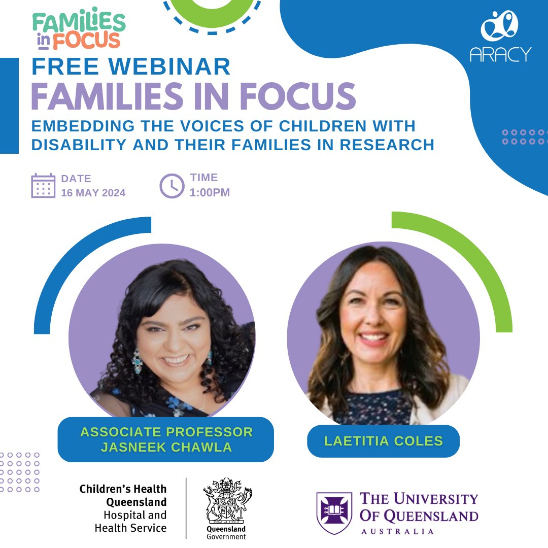 📢Join us for Families in Focus webinar. Embedding voices of children with disability & families in research. Presented by ARACY with speakers from Qld Children's Hospital & The Brain Institute. Learn about the methodology, experiences, & key findings. hubs.la/Q02tq72s0