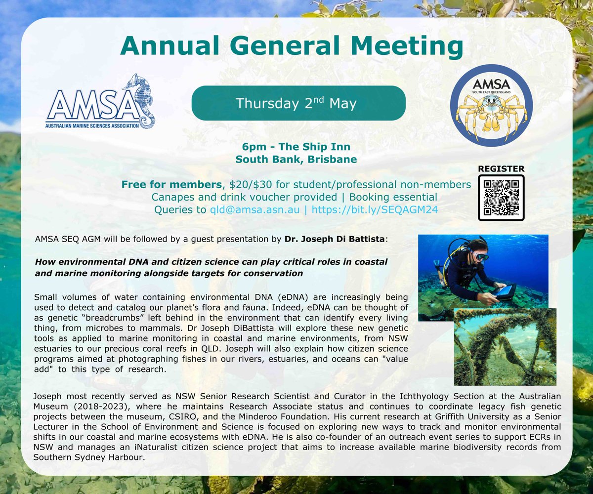 To all my new colleagues and friends, please join us on May 2 at 6 pm at the Ship Inn in Brisbane for the AMSA SEQ AGM. People power sprinkled with genetic breadcrumbs will feature prominently in my talk! Register here: bit.ly/SEQAGM24 Or see flyer for QR code