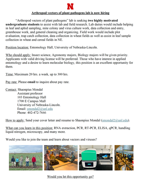 Opportunity for undergraduate students in my lab. There are two positions. Email your resume to smondal2@unl.edu