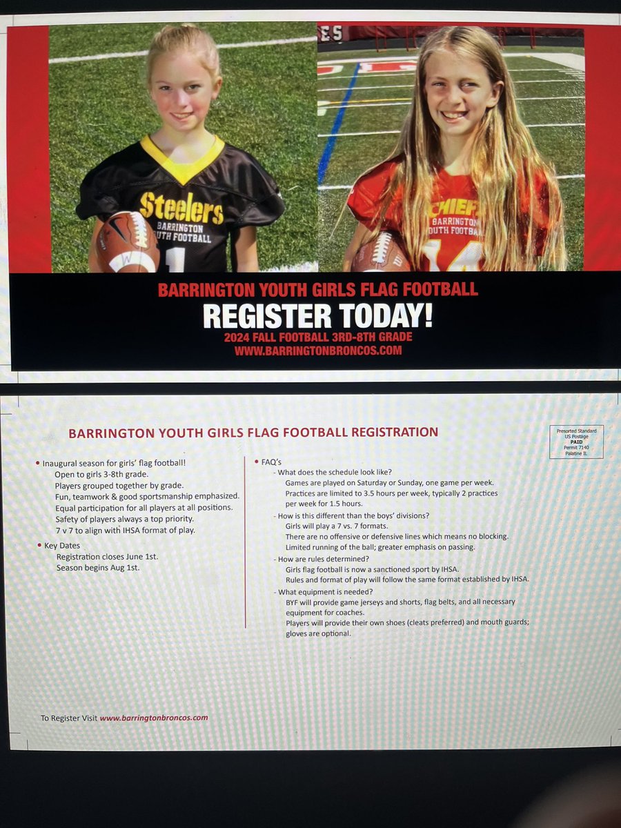 Be on the lookout for a mailer next week on sign ups for Barrington Youth Girls Flag Football! Grades 3-8! Inaugural season! So proud of Emily (Chiefs) Irons and her passion and commitment already to BYF! @JakeWlas @BHS220Football @BHS220Athletics @Midsuburbanfb @Jchezbroncos