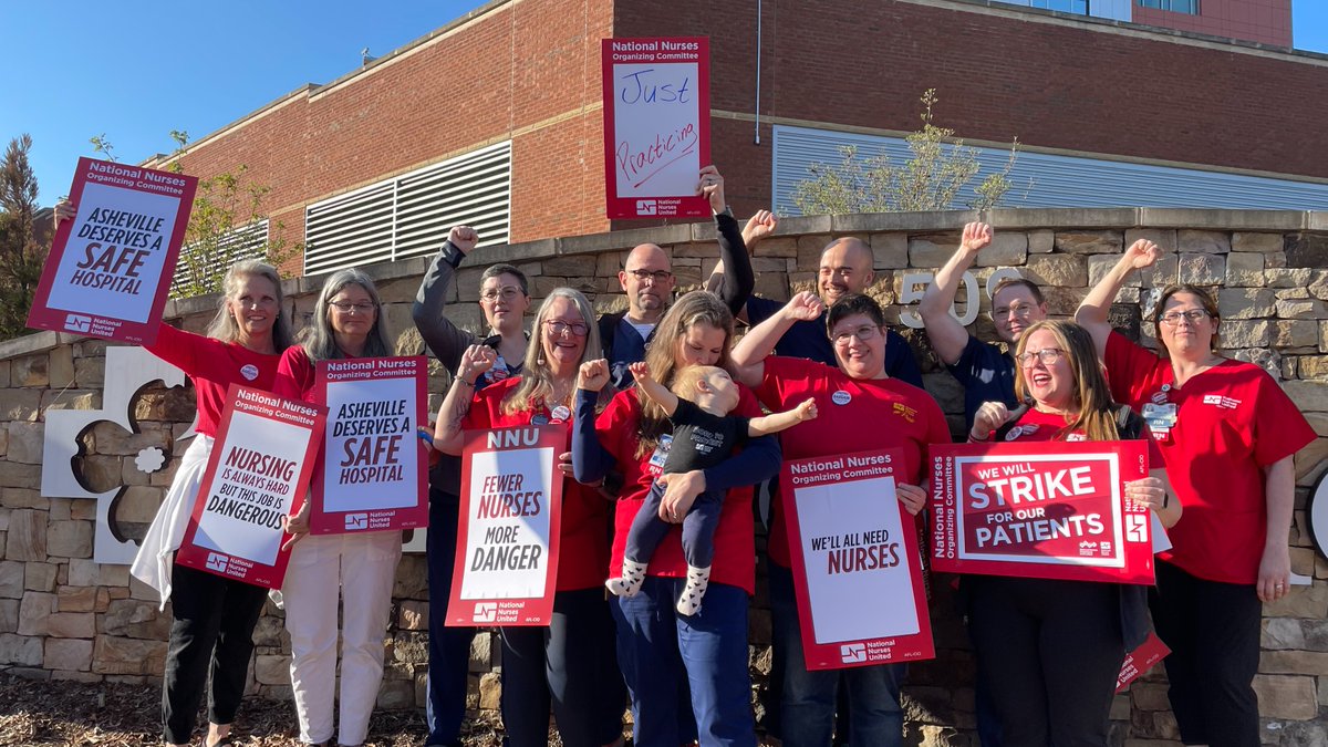 Nurses at @HCAhealthcare's Mission Hospital showed up this morning with a clear message: Asheville deserves a safe hospital! We will continue to fight to make sure our community is protected and HCA puts #PatientsOverProfits!