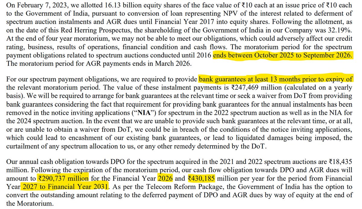 Vodafone Idea has this insane cash flow situation starting next year. 30,000 cr. to be paid between Oct 2025 and March 2026, and then 43,000 cr. per year for five years after that. They're raising 18,000 cr. in the FPO, and that's not gonna cover much. Way too much to be paid!