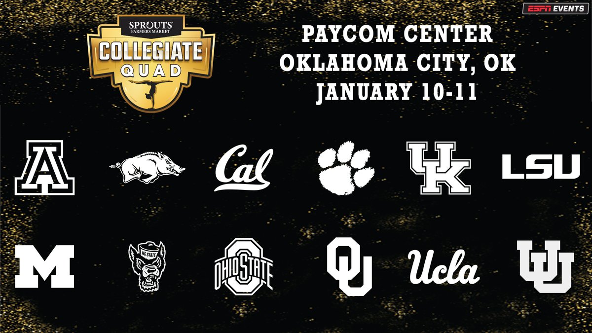 🚨 We're heading to Oklahoma City for Year 2! Join us at <a href="/PaycomCenter/">Paycom Center</a> on Jan. 10-11

🤸‍♀️ 3 quad meets
🤸‍♀️ 5 of 8 national semifinalists from this year
🤸‍♀️ Returning event champion <a href="/OU_WGymnastics/">Oklahoma Women's Gym</a>
🤸‍♀️ Title sponsor <a href="/sproutsfm/">Sprouts</a> returns

Ticket pre-sale signup > collegiatequad.com/tickets