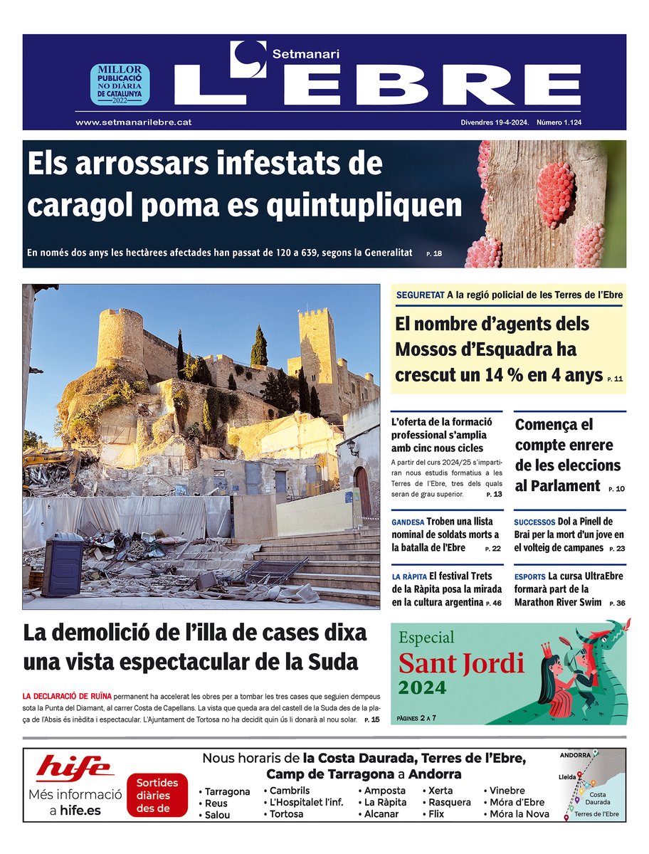 L'expansió del caragol poma al #deltadelebre, l'augment dels efectius dels @mossos a #TerresdelEbre i la vista espectacular de la Suda un cop demolida l'illa de cases de la Costa de Capellans de #Tortosa, temes destacats aquesta setmana a la portada del @SetmanariEbre.