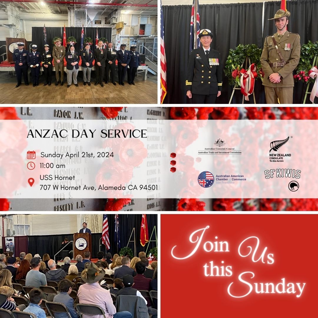 Join us and @SFKiwis this Sunday for our ANZAC Day Service at the @USSHornetMuseum. 

In attendance will be the Consulates-General of Australia and New Zealand. Please RSVP to assist with our preparation. 

sfaussies.com/event-5656410

#aussiemates #LestWeForget #anzacday