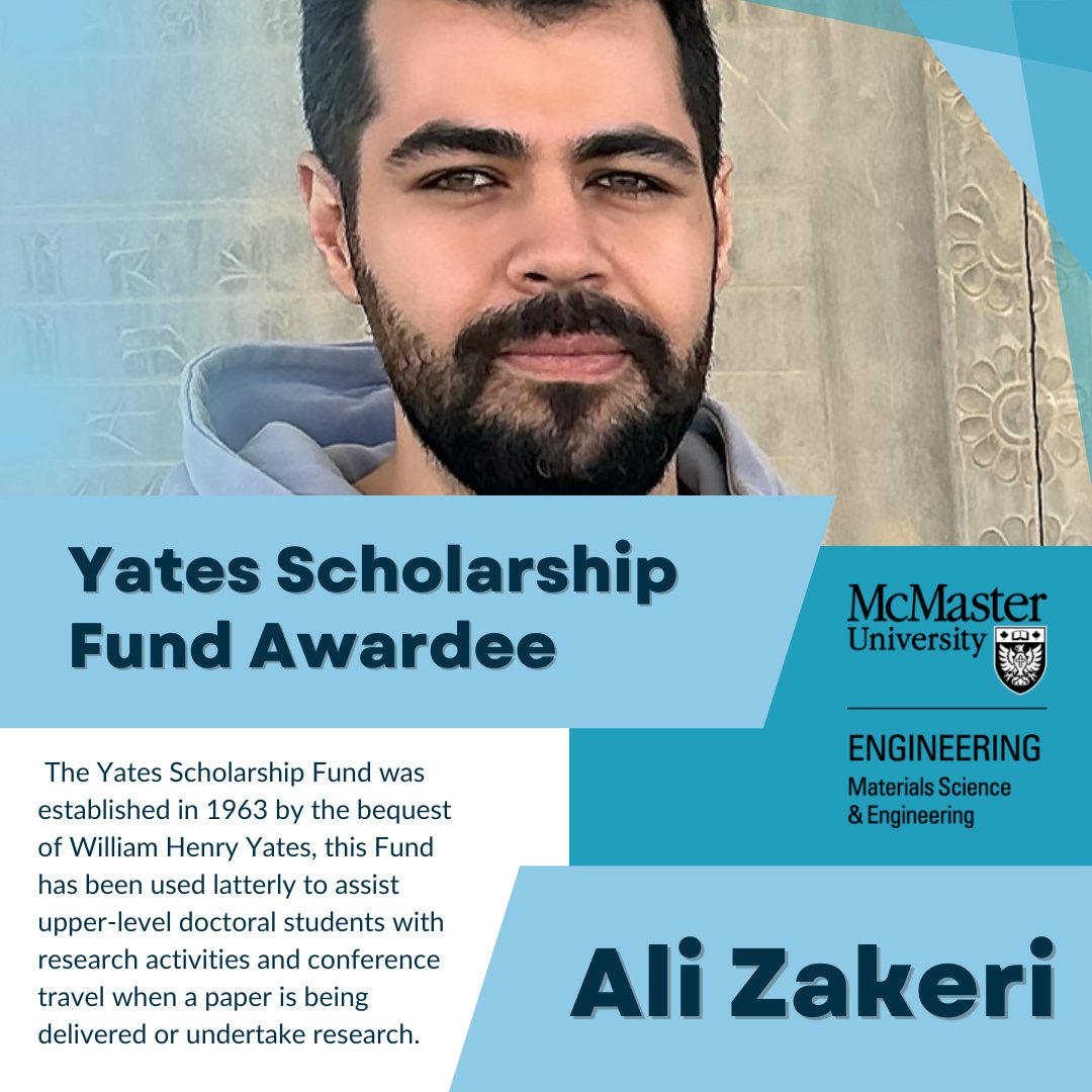 It's with enthusiasm that we renew our 𝕔𝕠𝕟𝕘𝕣𝕒𝕥𝕦𝕝𝕒𝕥𝕚𝕠𝕟𝕤 to our PhD Candidate Ali Zakeri, co-supervised by Dr. Tafaghodi and Dr. Coley on being awarded the Yates Scholarship Fund this year!!🎉👏🎉

 #msemcmaster #mcmastermse #mcmasteruniversity #mcmasterengineering