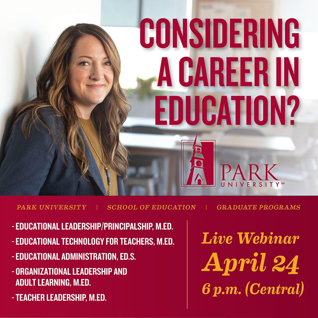 Are you considering a career in education? Attend our April 24 webinar to learn more about graduate degrees at Park University. REGISTER: form.jotform.com/241056209850049