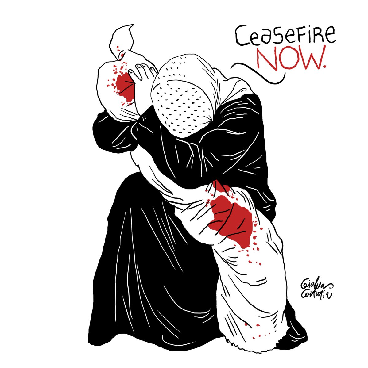 The first drawing I made after October 7th was based on an incredible, heart-wrenching, and beautiful photo. The photo was taken by Mohammed Salem @msalem66 on October 17, 2023, at Nasser Hospital in #Gaza, showing a woman, Inas Abu Maamar, embracing the lifeless body of Saly,