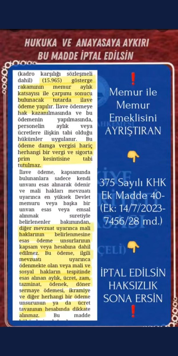 657 tabii Emekli sandığı mensuplarının bi fiil kesintisiz ödediği kesenekleri ile kanuni hakları elinden alınamaz Hukuksuz şekilde 2023 Temmuz ayında torba yasa ile çıkarılan 375 sayılı KHK ek 40 maddesinin iptalini talep ediyoruz @AYMBASKANLIGI @TC_Danistay @AvTacettinColak