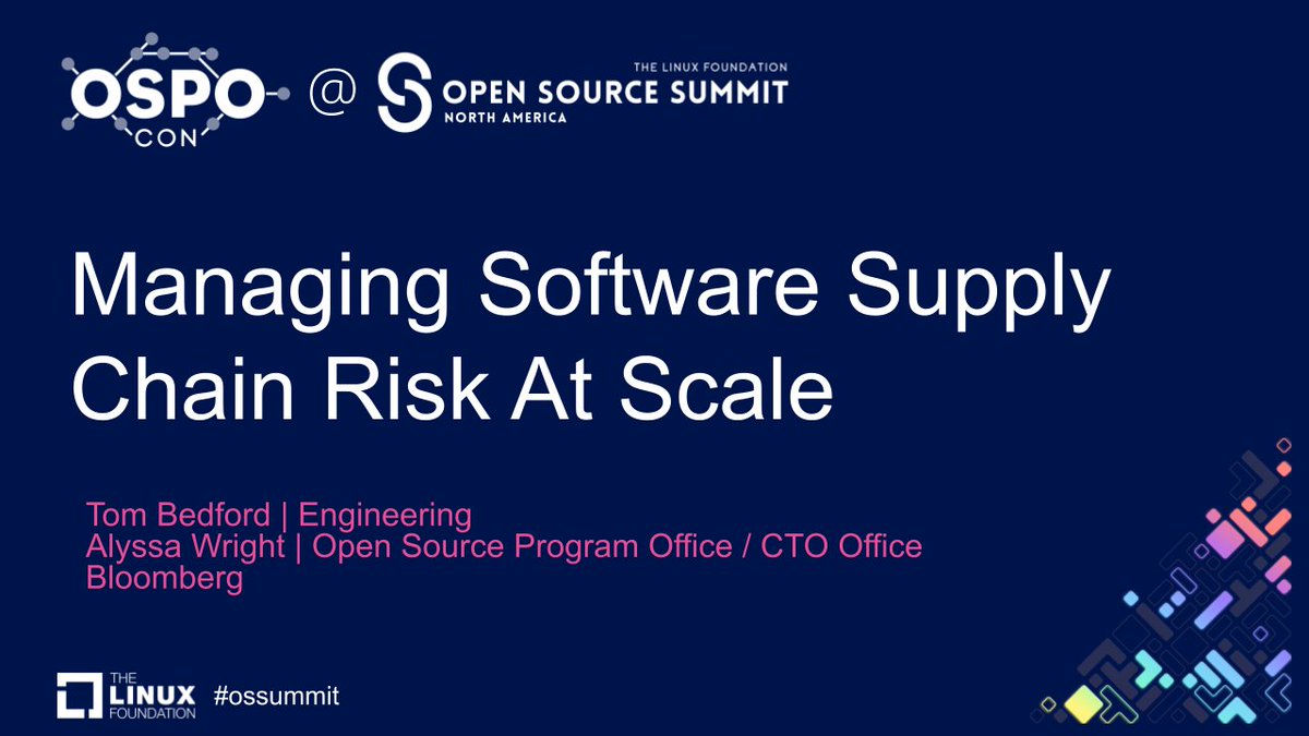 During the @linuxfoundation's #OSPOcon @ #OSSummit North America today (3:15 PM PDT), #SoftwareSupplyChain Program Manager Tom Bedford & @alyssapwright of our #OSPO will discuss 'Managing Software Supply Chain Risks in a Large Organization' bloom.bg/3TYKqpw #opensource