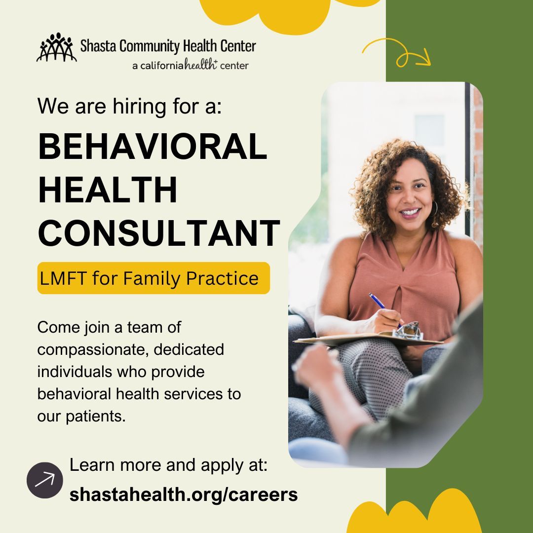 Think you might be a good fit? We'd love to find out. Learn more and apply at shastahealth.org/careers! 

#LMFT #behavioralhealth #healthcarejobs #jobseekers