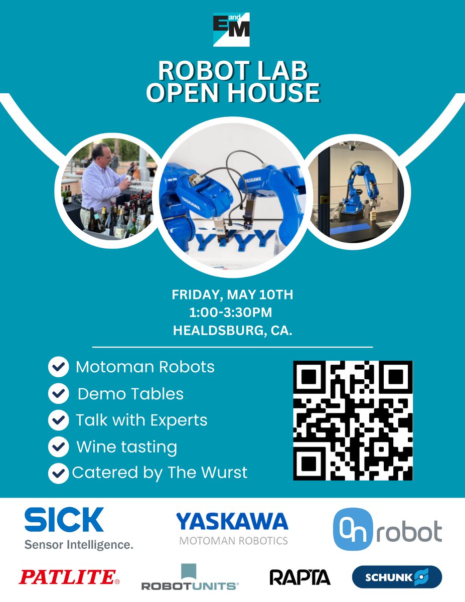 EandMonline's tweet photo. Robot Lab Open House in Wine Country! 

Join us for our Open House on Friday, May 10th from 1:00-3:30pm as we show you around our new Robot Lab at our headquarters in Healdsburg, CA.

 Follow this link to learn more and register today!
https://t.co/akGrmPzAVw
#Robots #RobotLab https://t.co/q4Y8JVc2rL