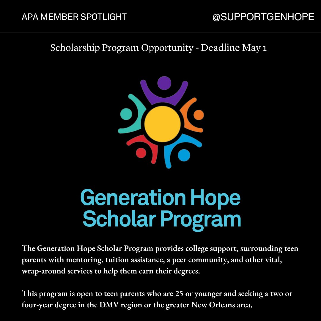 @SupportGenHope is now accepting applications to their Scholar Program! The Scholar Program is open to teen parents who are age 25 or younger and seeking a two or four-year degree in the DMV region or the greater New Orleans area. Learn more at bit.ly/4aH49B5