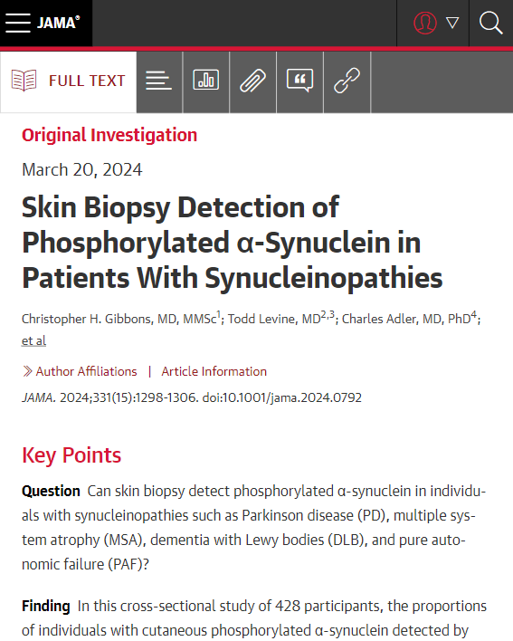 In this study, a high proportion of individuals meeting clinical consensus criteria for Parkinson disease, dementia with Lewy bodies, multiple system atrophy, and pure autonomic failure had phosphorylated α-synuclein detected by skin biopsy. 

ja.ma/4awh8Wa