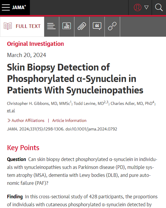 In this study, a high proportion of individuals meeting clinical consensus criteria for Parkinson disease, dementia with Lewy bodies, multiple system atrophy, and pure autonomic failure had phosphorylated α-synuclein detected by skin biopsy. ja.ma/4awh8Wa