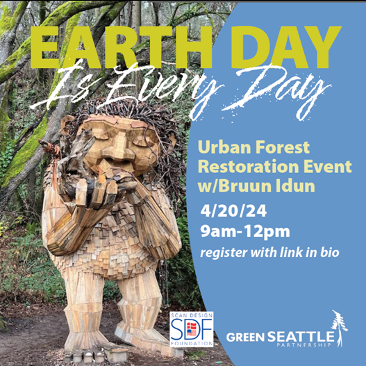 There's still space to register for this awesome Earth Day event! In honor of EARTH DAY 2024, volunteers will be be removing plants (e.g. ivy, blackberry, ect...) in the beautiful area surrounding our beloved troll, Bruun Iduun. brnw.ch/21wIXiq #SeattleShines