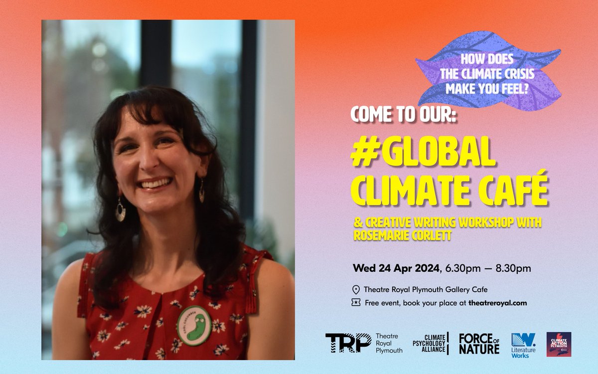 Join us for our next free Climate Cafe event in the Gallery Cafe!🌍 Join us on Wed, 24 April for a FREE enriching 60-90 min Creative Writing Workshop with Dr. Rosemarie Corlett, in collaboration with Climate Action Plymouth! Don't miss out - bit.ly/3wCBUEA