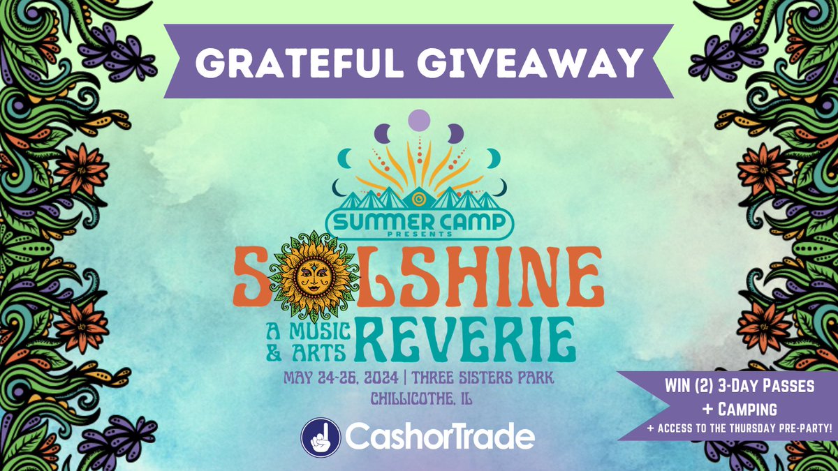 We're stoked to team up with @SolshineReverie for their inaugural year! We're throwing an epic #GratefulGiveaway with sweet perks. Win Two (2) 3-Day GA Passes with Thursday Pre-Party Access + (1) GA Primitive RV / Car Camping Spot!🧚 ✨ Enter Now: cashortra.de/solshine-rever…