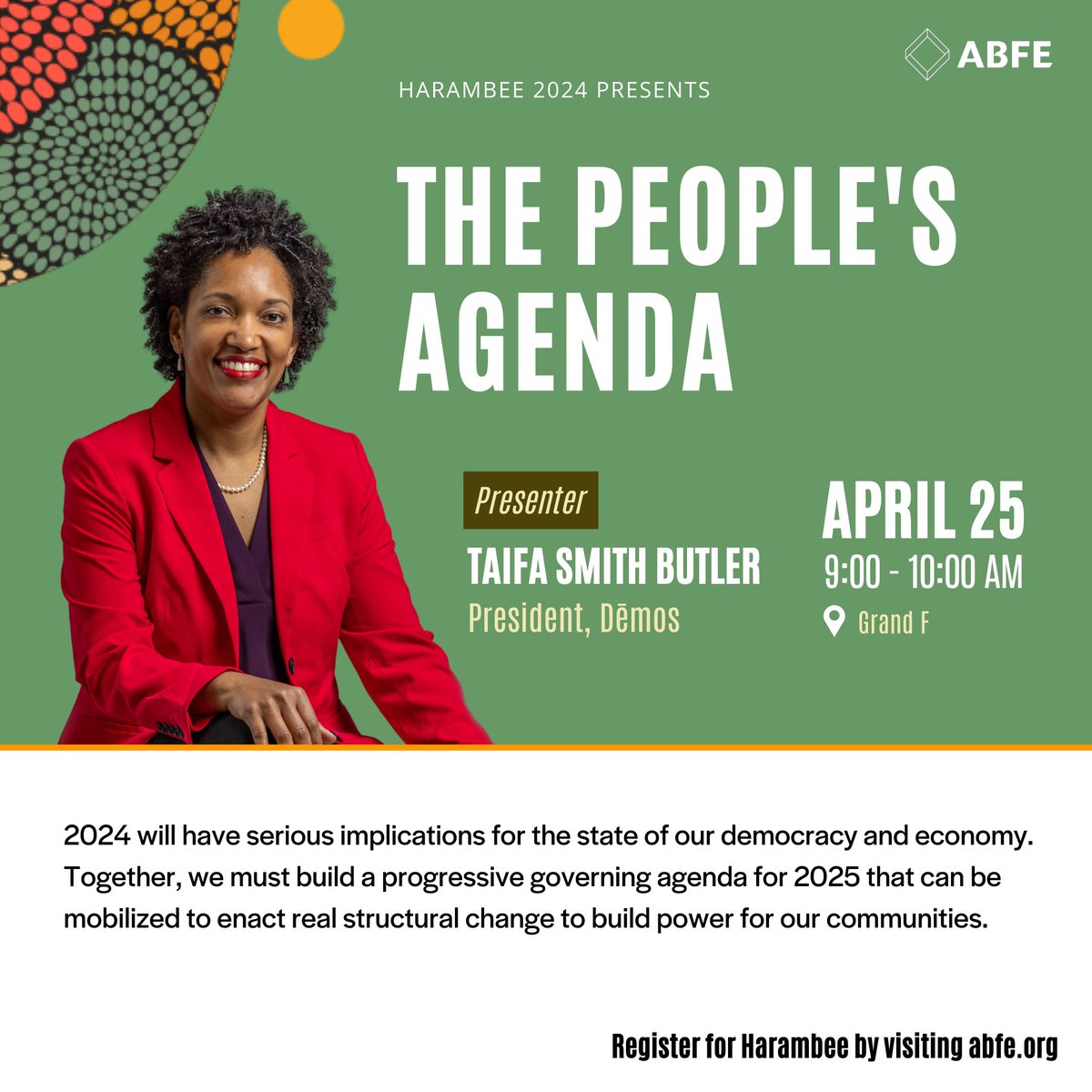 We’re excited that our very own @TaifaButler is presenting @ABFE this year 👏🏽  If you're attending, don't miss her talk on what we must do to build a progressive governing agenda for 2025.