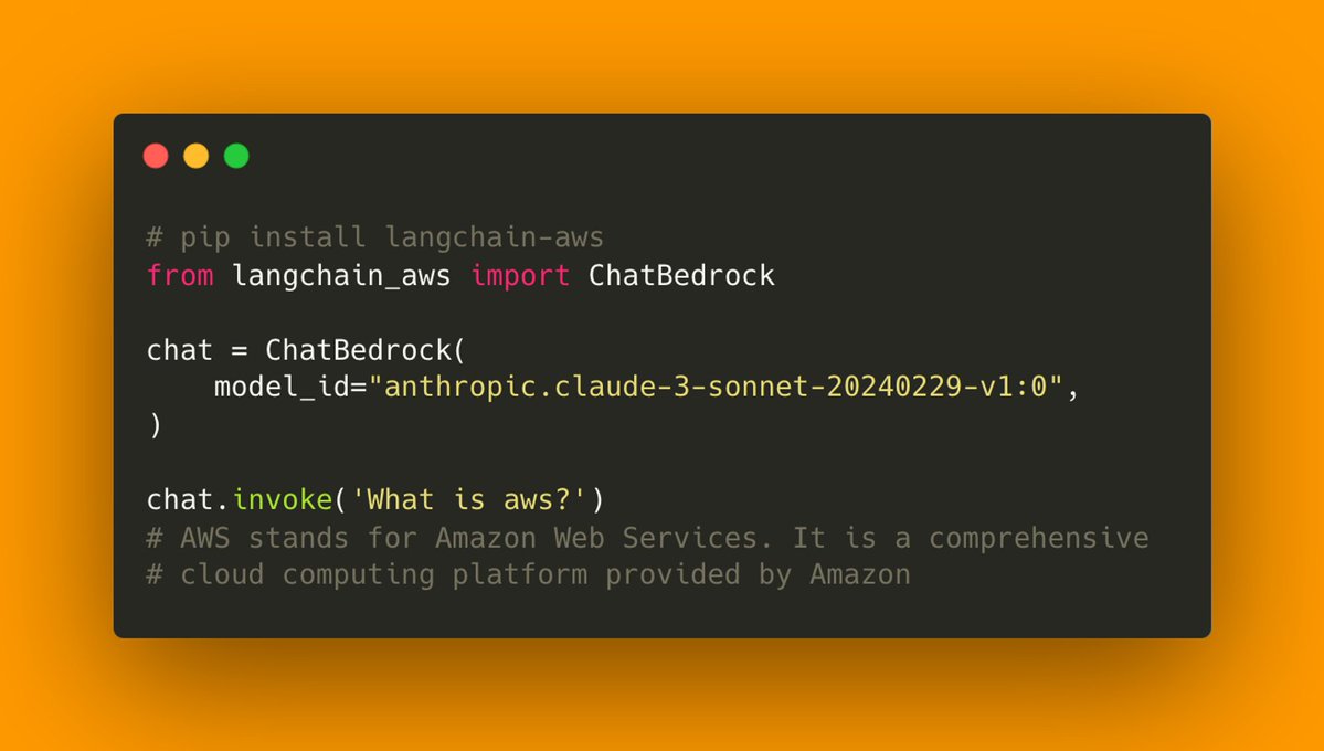 LangChain (@langchainai) on Twitter photo ☁️ `langchain-aws` integration package 🤝
We're really excited to partner with Amazon Web Services <a href="/awscloud/">Amazon Web Services</a> in the launch of our latest partner package.
You can now access Bedrock chat models from <a href="/AnthropicAI/">Anthropic</a>, <a href="/MistralAI/">Mistral AI</a>, @Cohere, <a href="/AI21Labs/">AI21 Labs</a>, your custom SageMaker models, ☁️ `langchain-aws` integration package 🤝
We're really excited to partner with Amazon Web Services <a href="/awscloud/">Amazon Web Services</a> in the launch of our latest partner package.
You can now access Bedrock chat models from <a href="/AnthropicAI/">Anthropic</a>, <a href="/MistralAI/">Mistral AI</a>, @Cohere, <a href="/AI21Labs/">AI21 Labs</a>, your custom SageMaker models,