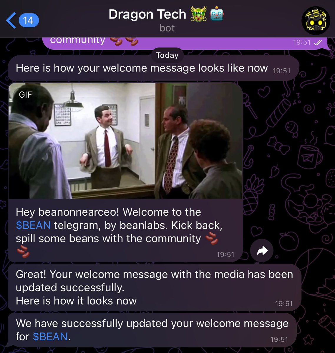 Super grateful to be amongst the first to test the new @Dragon_Tech_Bot in the $BEAN telegram! Seemless integration, awesome new features and fully customisable 🔥 Some awesome tech being constructed here 🤝🏻