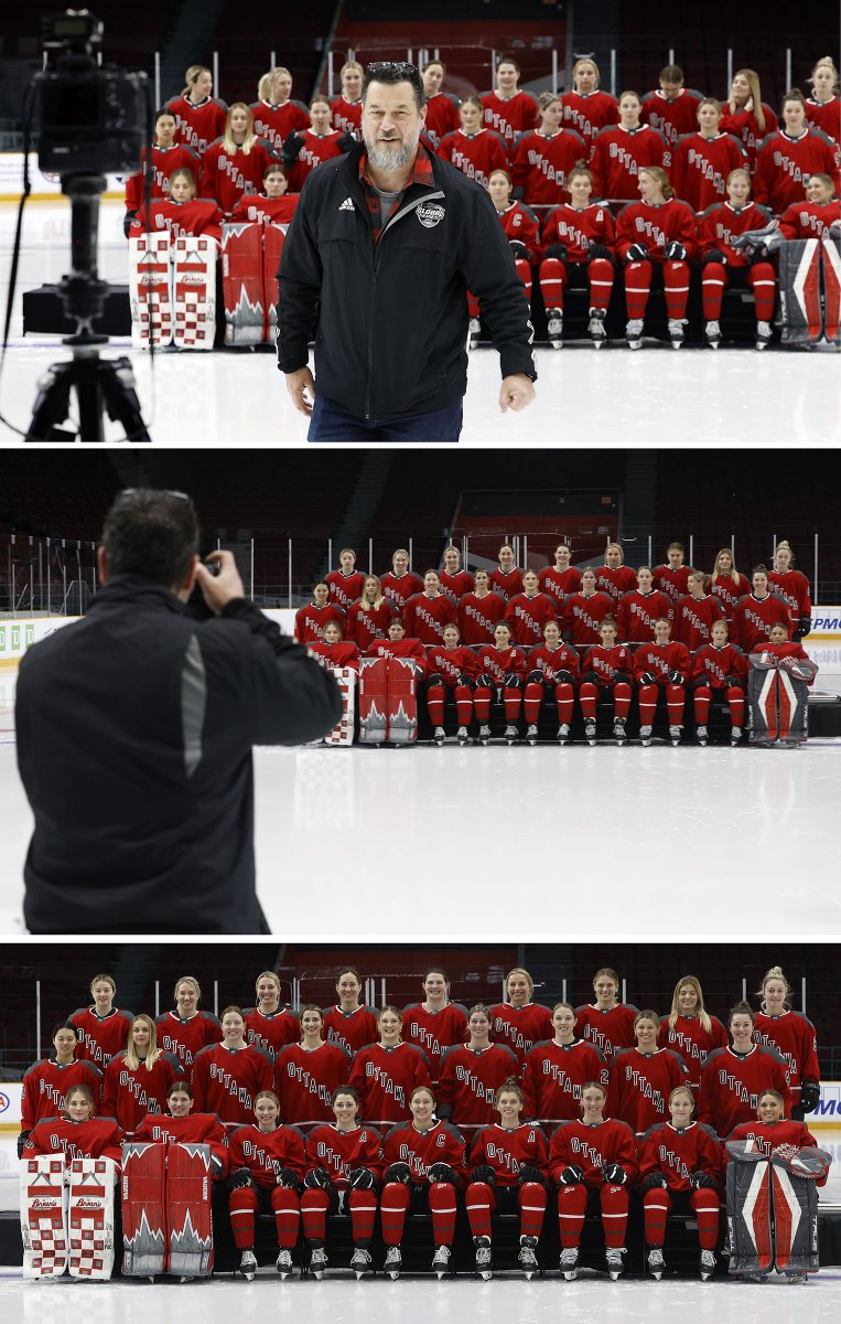 #NHL and #PWHL photographer Andre Ringuette working hard recording history taking PWHL Ottawa's team photo Thursday. #OTTSPORTS #HOCKEY @PWHL_Ottawa @thepwhlofficial