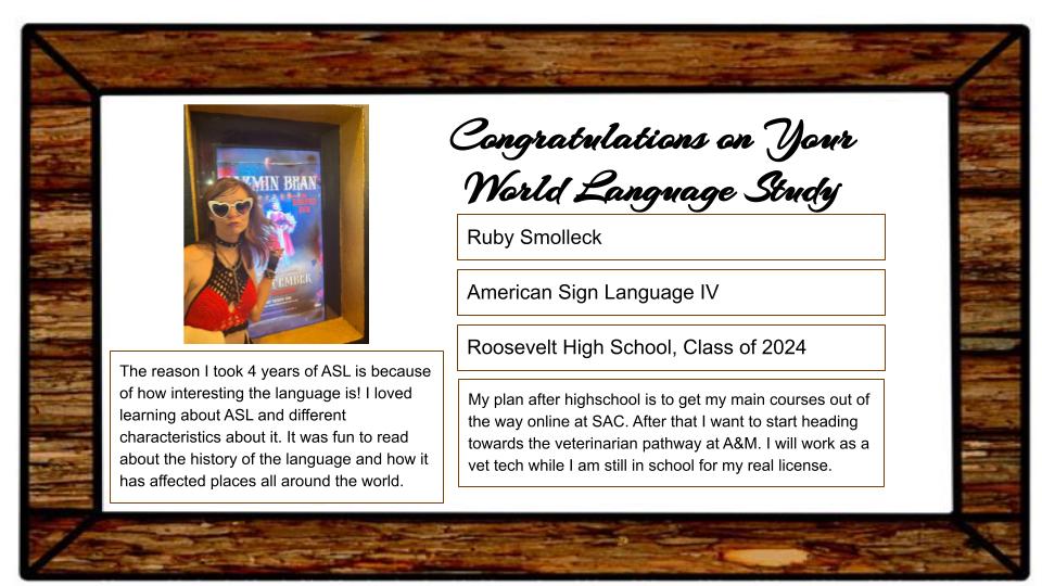 Congratulations to Ruby Smolleck, @WeAreTRHS American Sign Language Senior!!