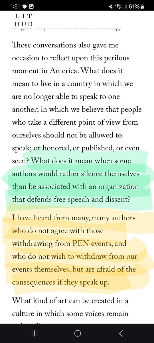 'what does it mean when some authors would rather silence themselves' gives me gaslighting vibes from this PEN America statement. It's not about silencing oneself but rather being loud by condemning the genocide of Palestinians and silencing of Palestinian voices.