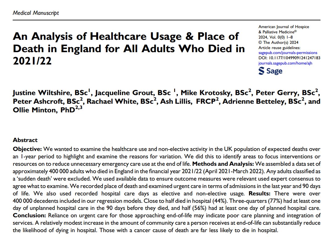 Great paper from @UHSussex @drol007 and team - ⬆⬆ unplanned ED use in last 90 days of life regardless of condition; 10 primary care contacts in last yr ⬇ likelihood of death in 🏥; palliative care registers don’t impact on dying in 🏥 but do ⬇ unplanned emergency admissions