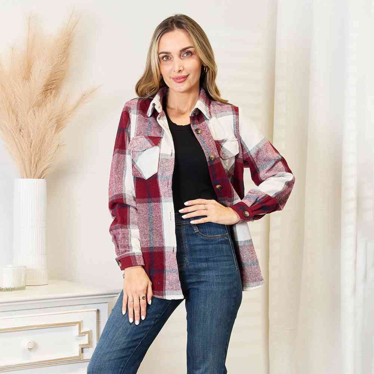 Wrap yourself in warmth with our Double Take Plaid Shirt Jacket! 🧥 Perfect for chilly days or layering up in style. . Get yours now and upgrade your wardrobe game! 😍 💃✨🌐 empirewardrobe.com . Product link: empirewardrobe.com/products/doubl… . #fallfashion #cozystyle