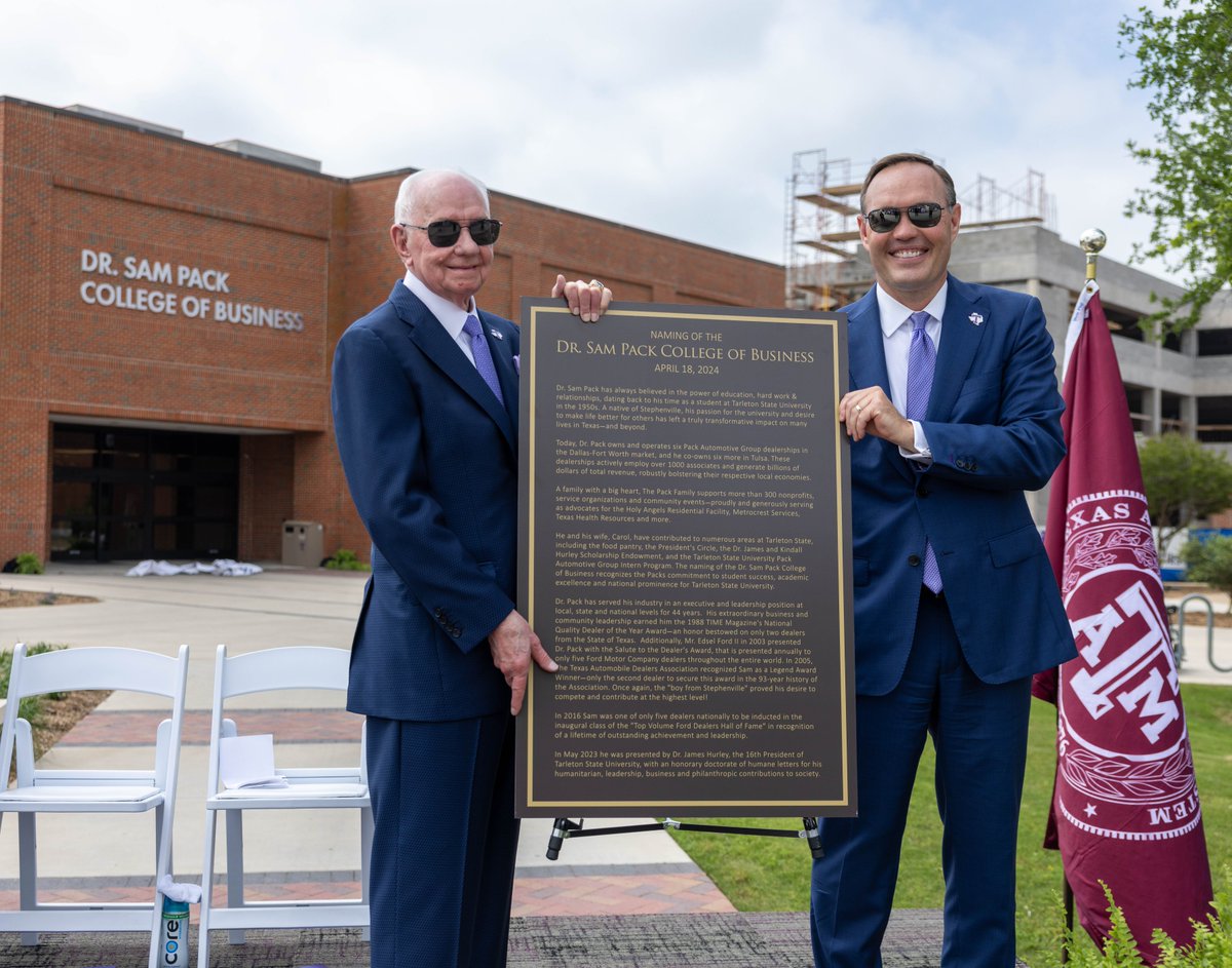 We celebrated the naming of our College of Business in honor of esteemed supporter, honorary doctorate recipient and automotive industry legend Dr. Sam Pack this morning. Read more: tarleton.edu/news/celebrati…