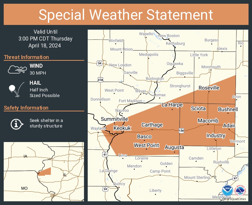 A special weather statement has been issued for Macomb IL, Keokuk IA and Bushnell IL until 3:00 PM CDT