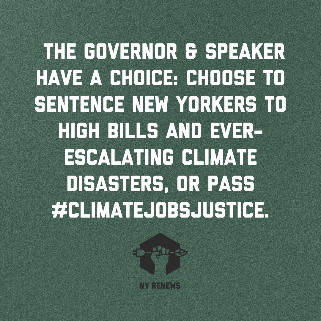 @GovKathyHochul @CarlHeastie @GovKathyHochul & @CarlHeastie: You have a choice. You can sentence NYers to high bills and ever-escalating climate disasters. Or you can pass the #ClimateJobsJustice Package before the end of session. All eyes are on you 😡