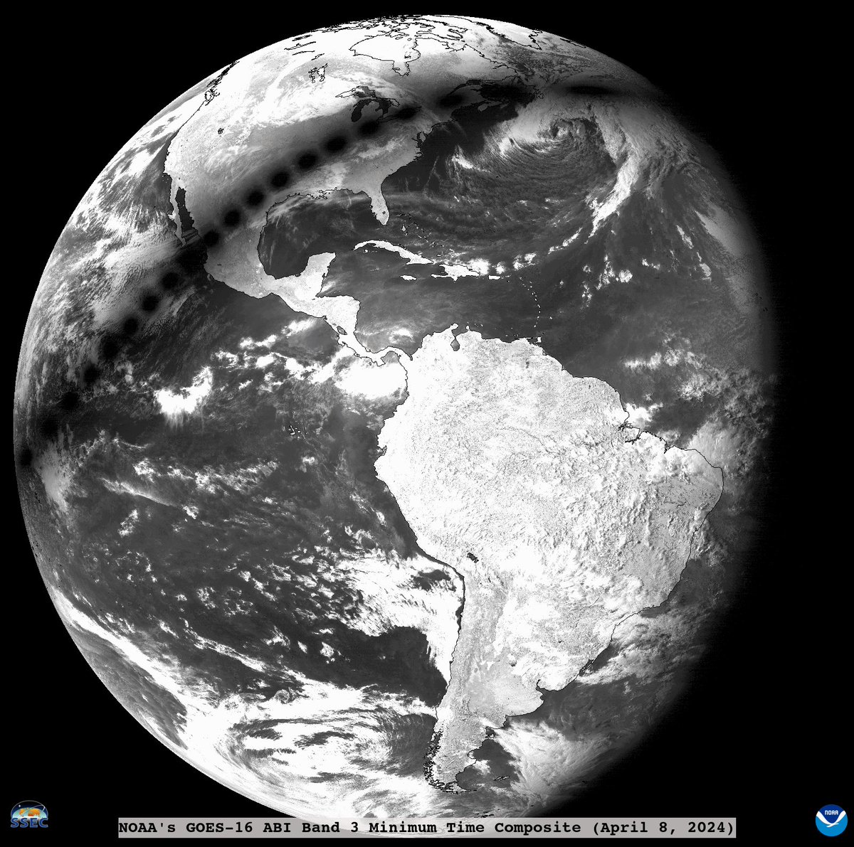 Here's a unique view of the April 8th #TotalSolarEclipse via 21 #GOESEast images. A special enhancement was applied to each image to enhance the outline of the Moon’s shadow. And wasn't it great that there were so few clouds along the path? More details at cimss.ssec.wisc.edu/satellite-blog…