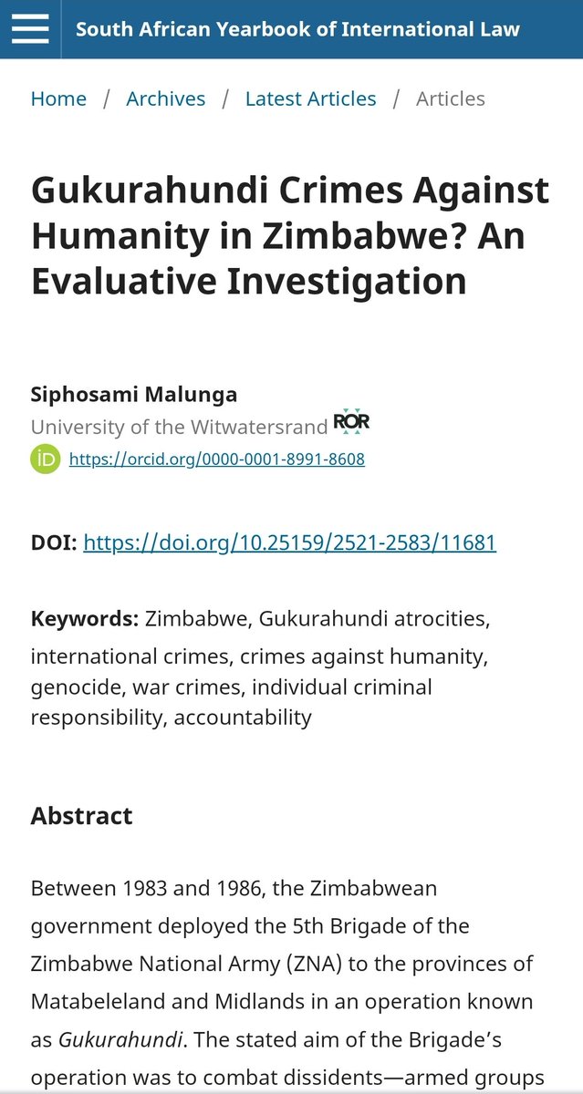 Humbled that my 2nd peer-reviewed article in 2024 has just been published by the South African Yearbook of International Law. 'Gukurahundi Crimes Against Humanity in Zimbabwe? An Evaluative Investigation' classifies Gukurahundi as crimes against humanity. unisapressjournals.co.za/index.php/SAYI…