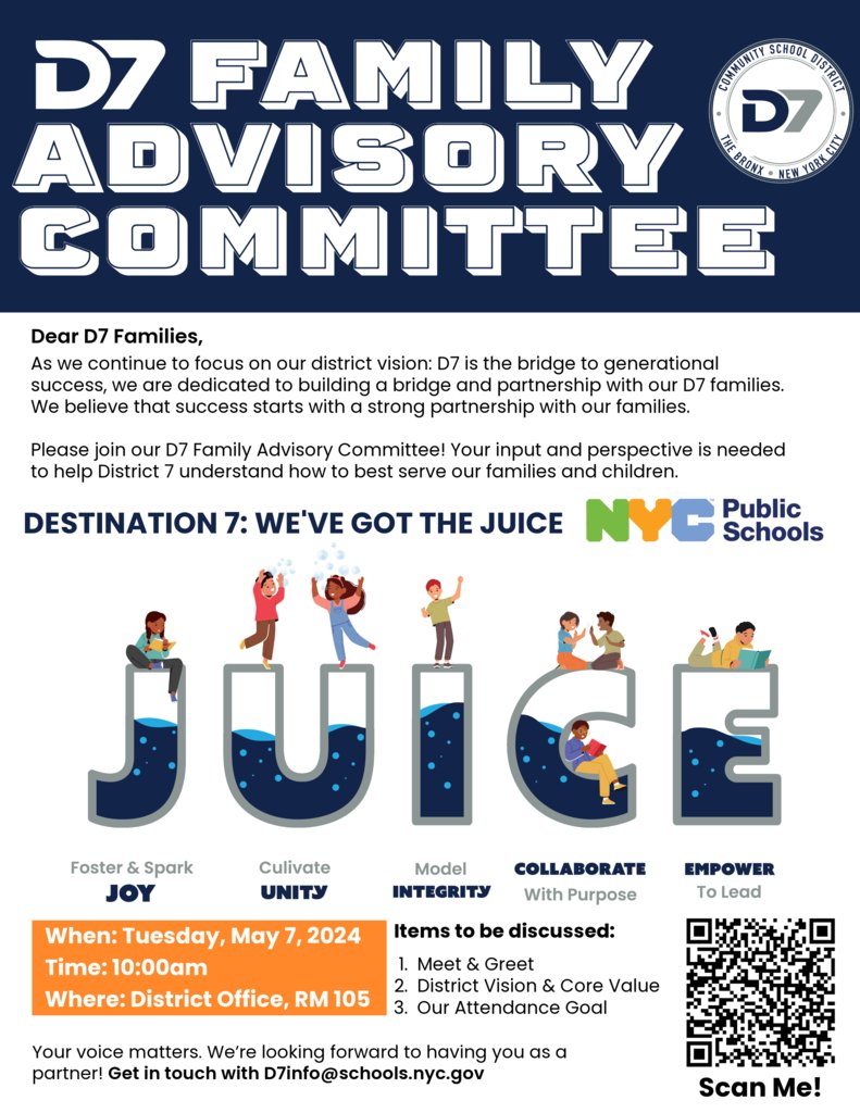 Please join our D7 Family Advisory Committee! Your input and perspective are needed to help District 7 understand how best serve our families and children. @csd7bx @drrpadilla @nycps #ibelieveind7 #readyfortheworld