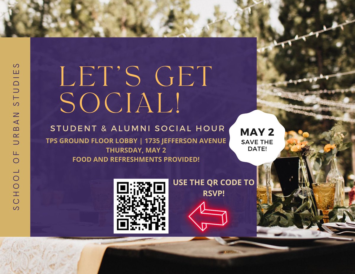 Two weeks! The School of Urban Studies is hosting their quarterly student & alumni social hour! Enjoy some good food and engaging conversations discussing all things urban studies!

RSVP here: buff.ly/3PZVSjf

#urbanstudies #uwt #alumni