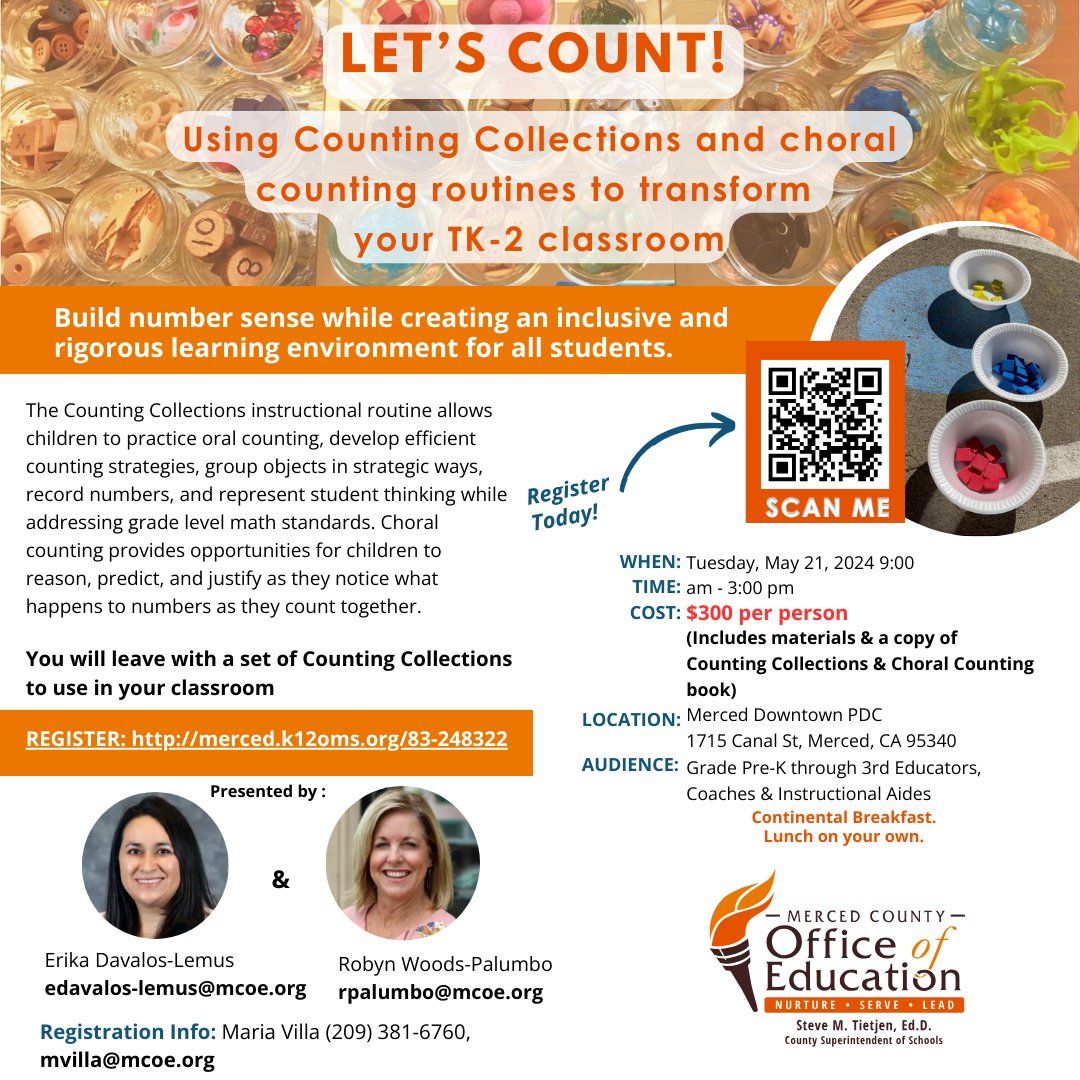 Let's Count is back by popular demand! ⚡️ Learn how to build number sense while creating an inclusive learning environment for all students. 🗓️: Tuesday, May 21 ⏰: 9 a.m. - 3 p.m. 📍: MCOE Downtown Center 1715 Canal St., Merced Register 👉 merced.k12oms.org/83-248322