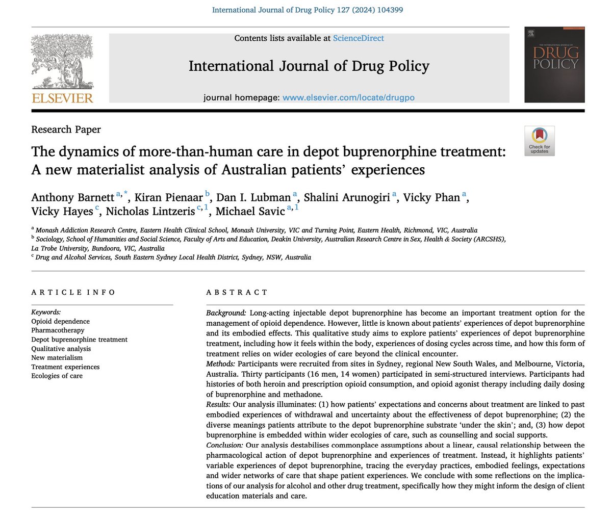 'The dynamics of more-than-human care in depot buprenorphine treatment: A new materialist analysis of Australian patients’ experiences' by @tonyibarnett et al (2024) via @ijdrugpolicy...how do patients feel about long acting buprenorphine? Link: sciencedirect.com/science/articl…