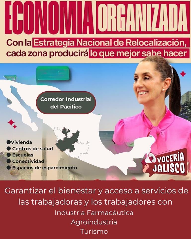 Con la #relocalización cada zona producirá lo que mejor sabe hacer: entre #Jalisco, Colima, Nayarit y Michoacán formarán el #CorredorIndustrial del Pacifico, generando polos de #bienestar para las familias de estos estados.

#VoceríaJalisco #ClaudiaArrasa #ClaudiaRifaEnJalisco