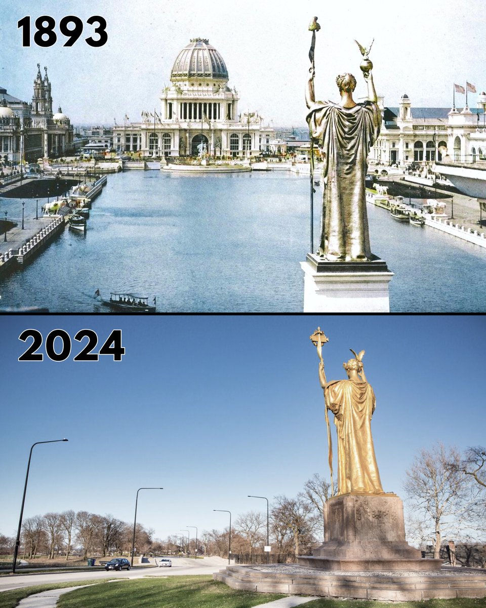 When optimism for the future dwindled, so did the fairs. And what was once America's largest statue was torn down (the gold gilding was too costly to maintain). The statue there today is a much smaller replica...
