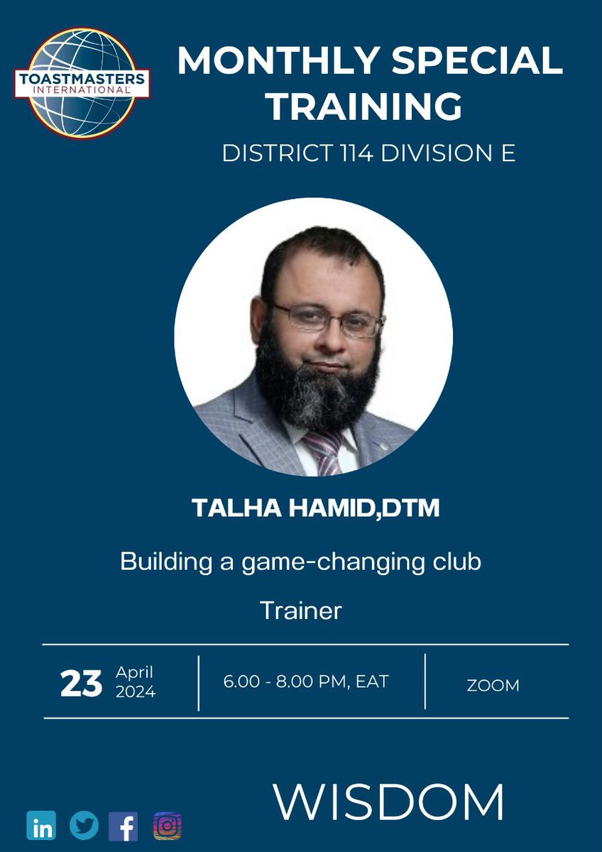 DivisionE_TM's tweet photo. This trainer boasts the prestigious title of 5 times Distinguished Toastmasters (DTM) and has been an active member of Toastmasters since June 2016, having founded more than 17 clubs.
Register in advance for this meeting:
https://t.co/pAp1gyG8JA https://t.co/Gv2Lsv3gZY