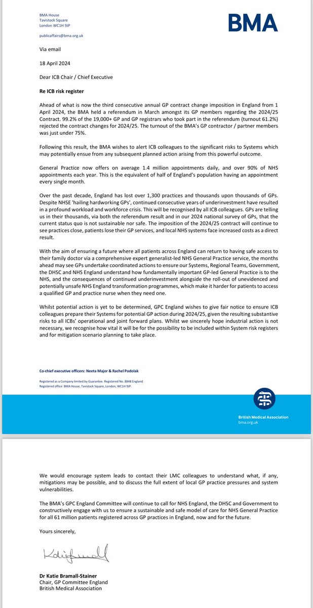 **BREAKING** - GP pushback part 2
Here’s a letter <a href="/BMA_GP/">General Practice</a> has sent to the leaders of each of the 42 ICBs across England advising them to add our imminent action &amp; crisis to their risk registers. If we revert to core general practice care it will have a huge impact on the system