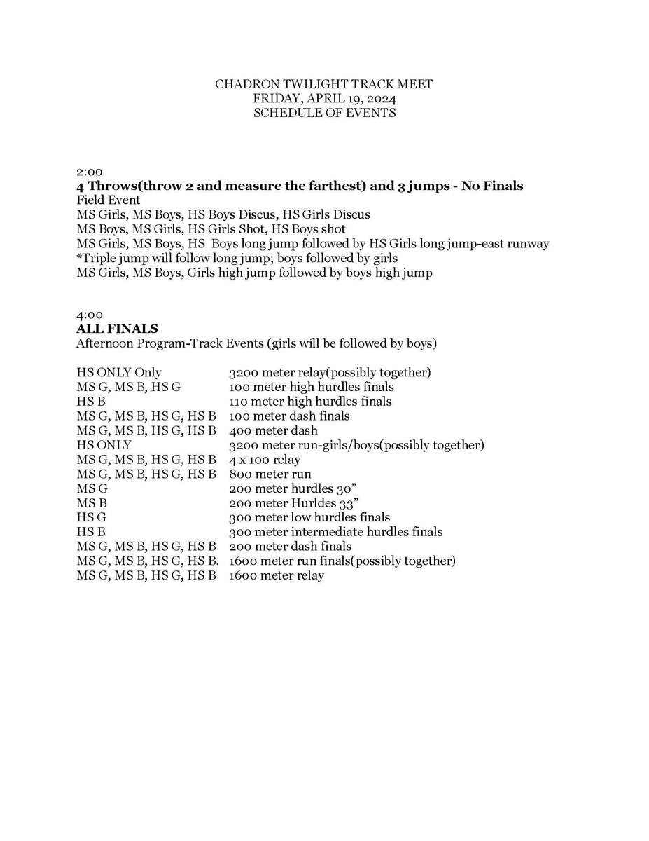 Friday, April 19, 2024 -- Middle School and High School Twilight Track @ Chadron High School -- 2:00 PM