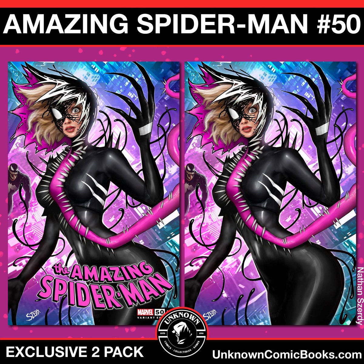 Unknown_Comics's tweet photo. New Spidey alert!  The Unknown Comics exclusive Amazing Spider-Man #50 variant by Nathan Szerdy swings into pre-orders Fri 4/19 at 5 PM CST! Don't miss out! [https://t.co/XJ5EUsB13R] #SpiderMan #MarvelComics #UnknownComicBooks #ExclusiveVariant https://t.co/yoKz2HgI8T