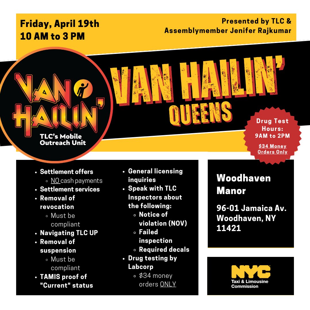 🗓️ LICENSEE REMINDER: Tomorrow, we're bringing our mobile outreach unit #VanHailin to Queens in partnership with the Office of Assemblywoman @JeniferRajkumar! 📍 Woodhaven Manor, 96-01 Jamaica Avenue, Woodhaven, NY 11421 Learn more and RSVP here: on.nyc.gov/4aD3noS