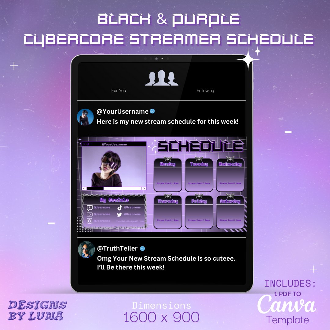 Designsbylunaaa's tweet photo. ⋆˙⟡ Black & Purple Cybercore Y2k Inspired Stream Schedule ⟡˙⋆
NOW AVAILABLE ON MY ETSY SHOP (L*nk Below)
#Streamerresourses #StreamSchedule #Cybercore #y2k #TwitchStreamers #twitchstreamer #Designsbylunagamestv #Lunagamestv #Aesthetic #y2kaesthetic #Purple #2000s https://t.co/4iojcO70zB