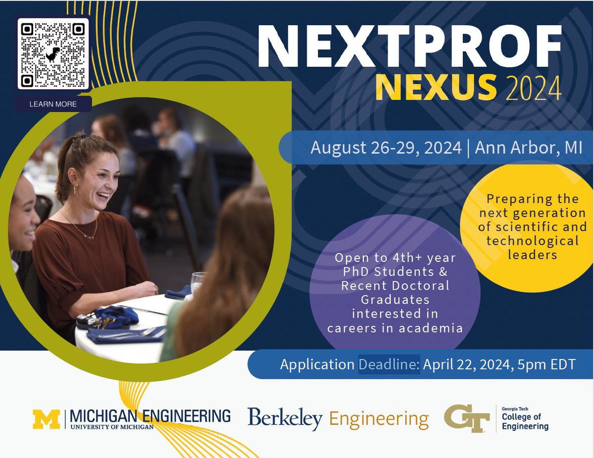 @NextProf Nexus Apps due MON, 4/22 by 5pm, EDT! Future Engineering Faculty, get your apps in! @UMengineering @UCSDJacobs @gatechengineers @Cal_Engineer nextprof.engin.umich.edu/nextprof-nexus/