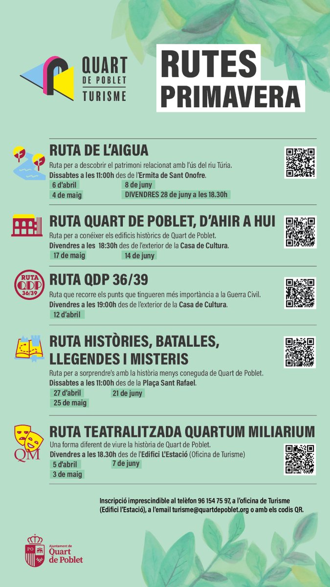 @quartdepoblet @Cristina_M_L @ViaHeraclia Puedes descubrirlos con nuestras visitas guiadas gratuitas: Ruta del Agua; Quart de Poblet, de ayer a hoy; Historias, batallas, leyendas y misterios y la teatralizada Quartum Miliarium. ¡Reserva ya tu plaza!