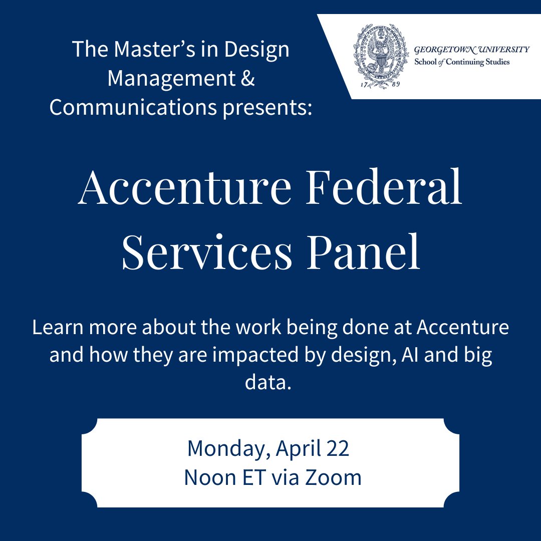 📢 Join us for an exciting chat with Accenture Federal Services industry leaders in design next Monday at Noon. So bring your design questions!

#RSVP Link in Bio  #DesignThinking #DMCHoyas #DesignHoyas #GeorgetownSCS #GeorgetownUniversity